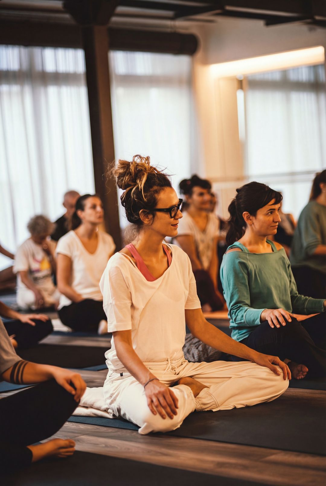 Gruppo in meditazione durante una classe di yoga